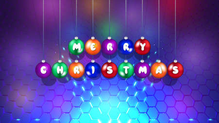 The inscription on glass colored balls-toys Merry Christmas with shadows on the background of an abstract dark blue radiant base from 3D hexagonsのイラスト素材