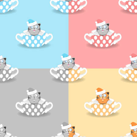 Set of seamless patterns. A fat cartoon funny cute cat in a hat from a porcelain cup is looking outのイラスト素材