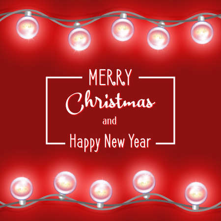 Merry Christmas and Happy New Year. Bright red glowing holiday poster with vintage round garlandsのイラスト素材