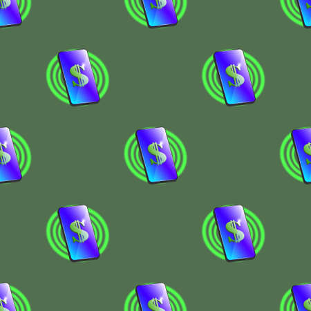 Seamless pattern. High tech 3d smartphone, bright screen with dollar sign and glowing circlesのイラスト素材