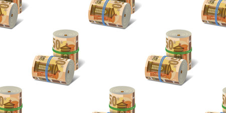 Seamless pattern. 3D rolls of EU banknotes. Paper money of 50 euros twisted with rubber bands on a white background with shadowsのイラスト素材