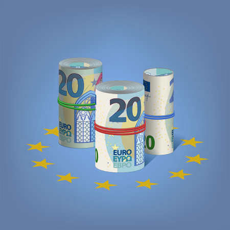 Curled up paper money of the European Union. Banknotes of 20 euros are folded into rolls and tied with colored rubber bandsのイラスト素材