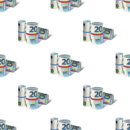 Seamless patterns. European Union paper money rolled up and tied with rubber bands. Folded 20 euro banknotes with shadows, arranged symmetrically on a white backgroundのイラスト素材