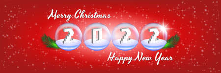 Merry Christmas and Happy New Year. Red festive banner with transparent balls and 3D date 2022, evergreen fir branches and sparksのイラスト素材
