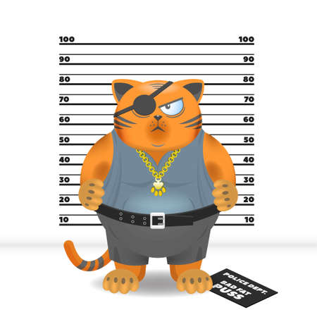 Cartoon redhead fat disgruntled cat bandit in pants and a shirt with a gold chain and an eye patch, against the background of the growth chart for the gangstersのイラスト素材