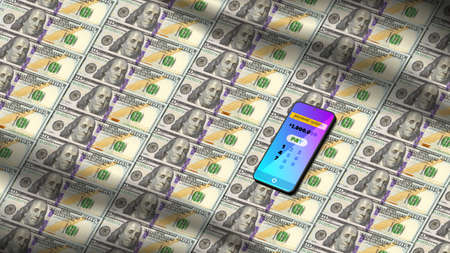Illustration, many realistic banknotes of 100 dollars and a 3d drawn mobile smartphone with a payment system on the screen. Pay one millionの写真素材