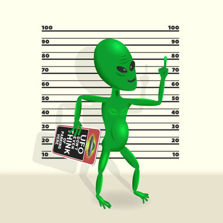 Green cartoon cheerful alien bandit with an indecent gesture and a road sign, UFO don't even think of parking here, against the background of a growth scheme for criminalsのイラスト素材