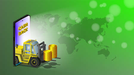 cashback. 3d yellow forklift takes stacks of golden dollars coins out of a smartphone. Light, cloudy circles and a map of the world on a green backgroundのイラスト素材