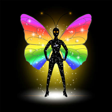 Black cosmic starry silhouette of a sexy butterfly lady with bright colored wings and heels. Dark sparkling background. Planet Saturn, radiant shineのイラスト素材