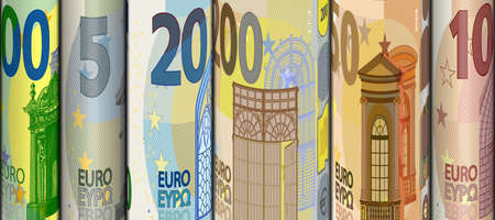 Vector 3d curved EU paper money. Banknotes in denominations of 5, 10, 20, 50, 100 and 200 euros twisted into rolls close-up. Finance wallpaper or backgroundのイラスト素材