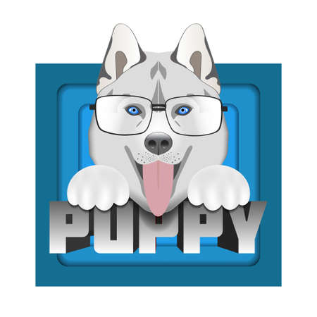 Vector funny cartoon head of a husky puppy, paws and glasses, a volumetric inscription on a background of blue squaresのイラスト素材