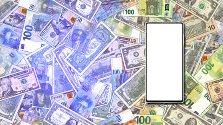 Illustration. Smartphone with a white blank screen on the background of scattered paper money of the world. Banknotes of the USA, Switzerland and the European Union. dollars, euros and francsの写真素材