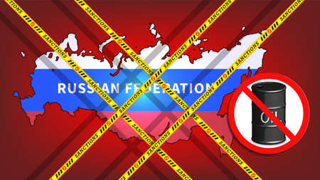 Yellow ribbons with the inscription Sanctions and a prohibition sign with a 3D barrel of oil against the background of the map of the Russian in the colors of the tricolor flag. vector economic posterのイラスト素材
