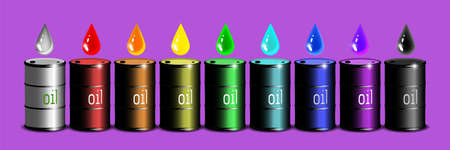 Vector volumetric rainbow metallic barrels of oil with bright dropsのイラスト素材