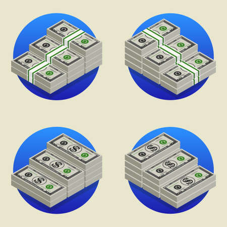 Set of vector volumetric colored financial icons. Bundles of cash stylistic paper dollarsのイラスト素材