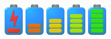 Vector volumetric set of battery icons. Different color level of energy and chargeのイラスト素材