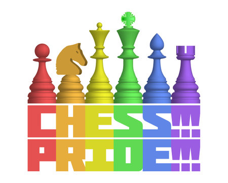 Vector emblem or logo in the colors of the lgbtqia+ community. Volumetric rainbow figures, king, queen, bishop, knight, rook and pawn. Lettering, chess prideのイラスト素材