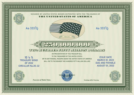 Vector US 250 million dollars treasury note. Green frame with guilloche pattern. American currency symbol, flag and blue bank sealのイラスト素材
