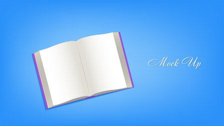 vector mockup. 3d volumetric open book with blank pages on a blue backgroundのイラスト素材
