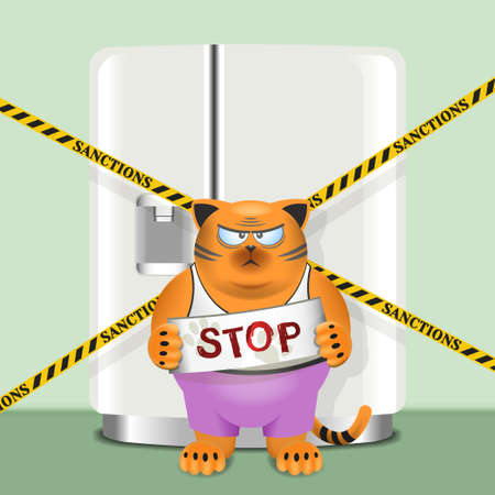 Vector angry displayed fat red cartoon cat with stop sign. A large two-door refrigerator in the background is covered with tape with inscription sanctionsのイラスト素材