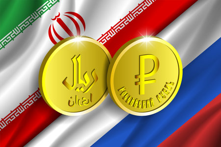 Vector 3d coins. The inscriptions in persian mean Iranian riyal . In Russian - russian ruble. Currency symbols of Iran and Russia. Wavy flags of countriesのイラスト素材