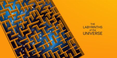 Vector abstract futuristic bright banner. 3d maze with a spiral galaxy on an orange background. The inscription, the labyrinths of the universeのイラスト素材