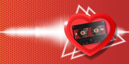 Vector three-dimensional heart with vintage tape cassette on a red hexagonal cellular background with bright triangles. Radiant equalizerのイラスト素材