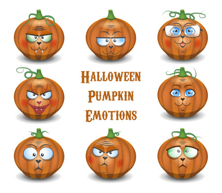 Vector cartoon set of pumpkin emotions for Halloween. Joy, anger, surprise and indifference. Icons or stickersのイラスト素材