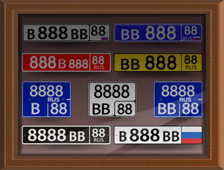 Vector collection of expensive lucky Russian car license plates with 888 and letters BBB and in a frame under glass. The numbers are blue police, black military, red diplomatic, yeのイラスト素材