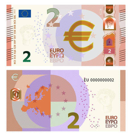 Vector fictional gaming banknote of 2 euro. Obverse and reverse of the EU paper billのイラスト素材