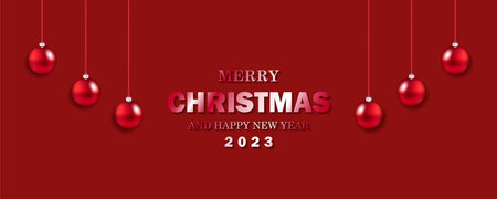 Merry Christmas and Happy New Year 2023. Red festive banner with toy balls and an inscription with shadowsのイラスト素材