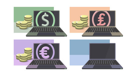 Vector 3d set of tech business icons. Mobile computer with symbols of currencies, dollar, pound and euro. Stylistic golden stacks of coins. Online payment, investment. Electronicのイラスト素材