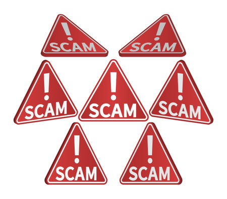 Vector 3d set of triangular red signs in different projections with an exclamation mark and the word, scam on an isolated white background.のイラスト素材