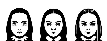 Vector set of portraits of young girls in monochrome style. Brunette lady with long hair and big eyes. Mystical teenagers. Black stickers or icons on a white isolated background.のイラスト素材
