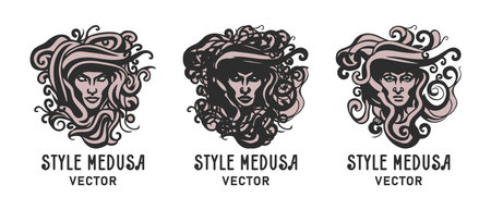 Vector set of medusa style. Stylistic black and white gorgon medusa head with tousled hair. Sticker, icon or emblem.のイラスト素材