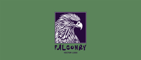 Vector square logo with the inscription falconry. Monochrome stencil. Portrait of a falcon head or eagle. green background.のイラスト素材
