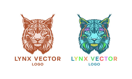 Vector set, monochrome and color lynx head logo. Icon, sticker or logotype on a white isolated background.のイラスト素材
