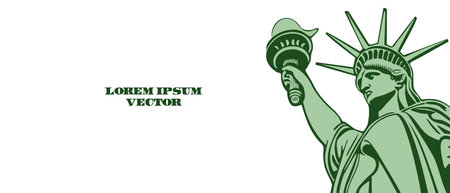 Vector wide blank banner. American Statue of Liberty poster template. Green monument on a white background. Lorem ipsum.のイラスト素材