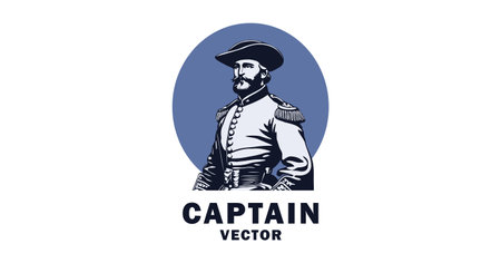 Vector illustration, monochrome captain in US Civil War uniform. Logo, icon or sticker. White isolated background. Soldier in vintage military clothes.のイラスト素材