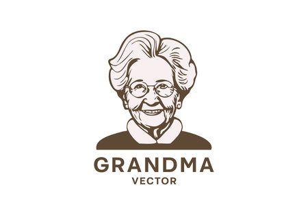 Vector portrait of a smiling cute old lady in round glasses on a white isolated background. Inscription grandma. Logo, sticker or icon.のイラスト素材