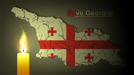 Vector political poster. The inscription, Save Georgia. Map and flag of Sakartvelo in cracks. A brightly burning wax candle.のイラスト素材