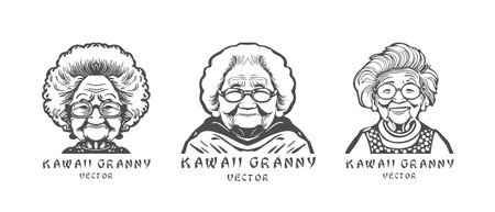 Vector set of logos or icons. Japanese cute kawaii granny. Elderly beautiful woman with glasses. White isolated background.のイラスト素材