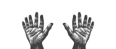 Vector monochrome wrinkled palms with six fingers raised up on a white isolated background.のイラスト素材