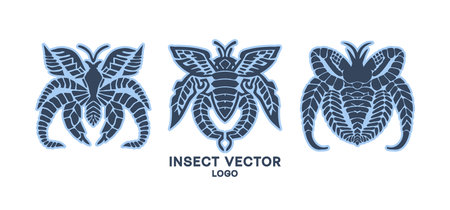 Vector set of simple stencils of fictitious insect silhouettes. Logo, stickers and icons. White isolated background.のイラスト素材