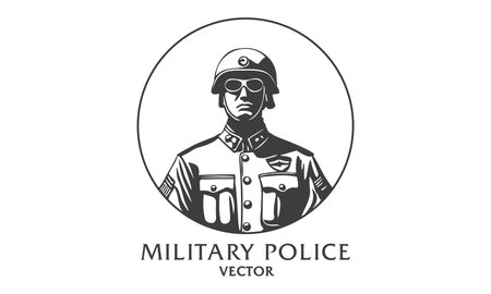 Vector monochrome round logo. Male military police officer in uniform. Sticker, icon or emblem on a white isolated background.のイラスト素材