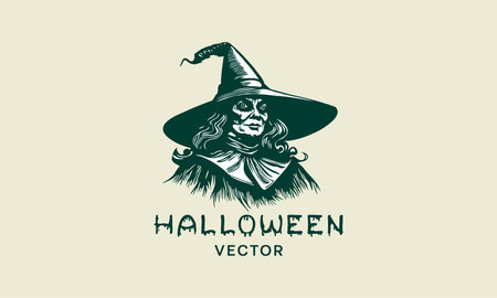 Vector portrait of a green scary sinister witch in a wide-brimmed hat on an isolated background. Logo, icon or emblem. culture and customs. Holiday halloween.のイラスト素材