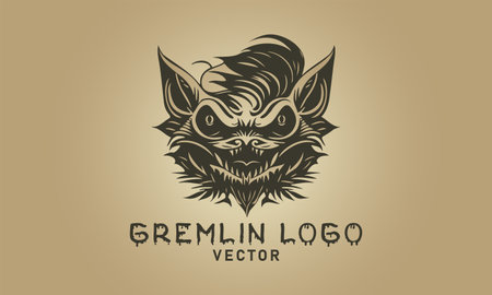 Vector stencil of a scary shaggy eared muzzle of a gremlin. Fantasy fabulous animal. Logo, sticker or emblem.のイラスト素材