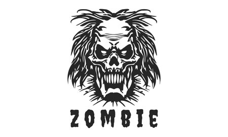 vector logo. Black and white scary horrible skeleton zombie head. isolated background. Emblem, sticker or icon.のイラスト素材