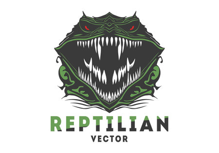 Vector scary reptile muzzle with open toothy maw. Logo, sticker or icon on a white isolated background.のイラスト素材