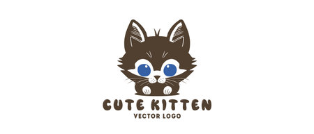 Vector logo, simple cute little kitten with blue eyes. Sticker, icon or emblem. White isolated background.のイラスト素材